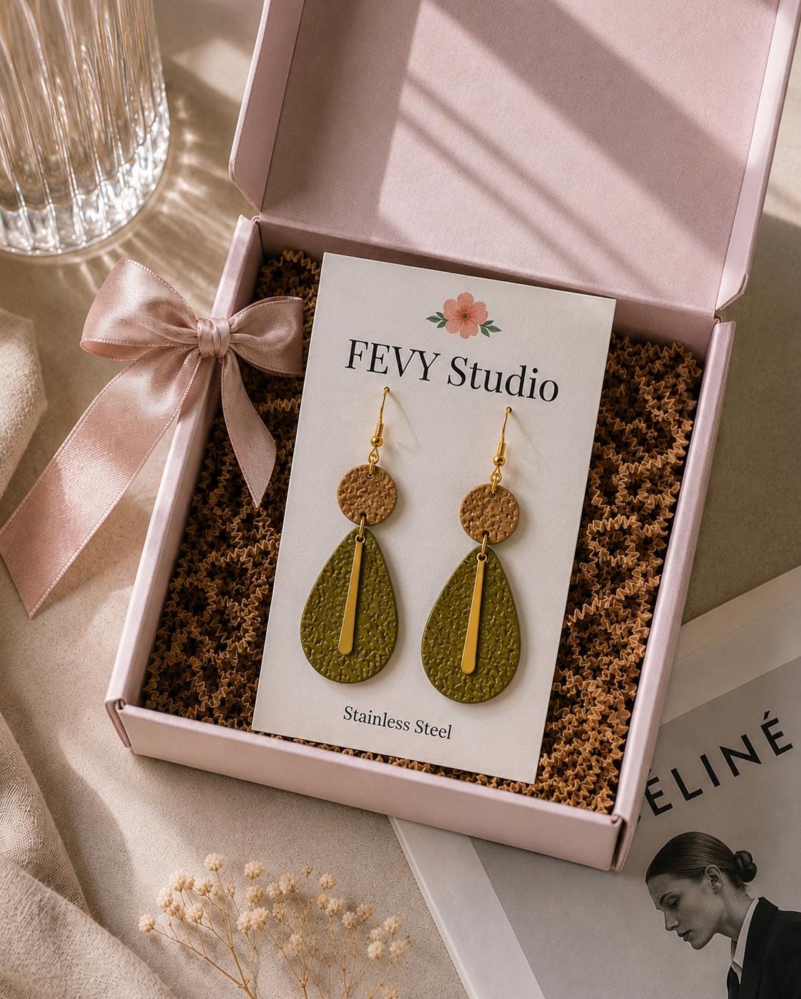Olive Green Teardrop Clay Earrings, Gold Dangle Statement Jewelry