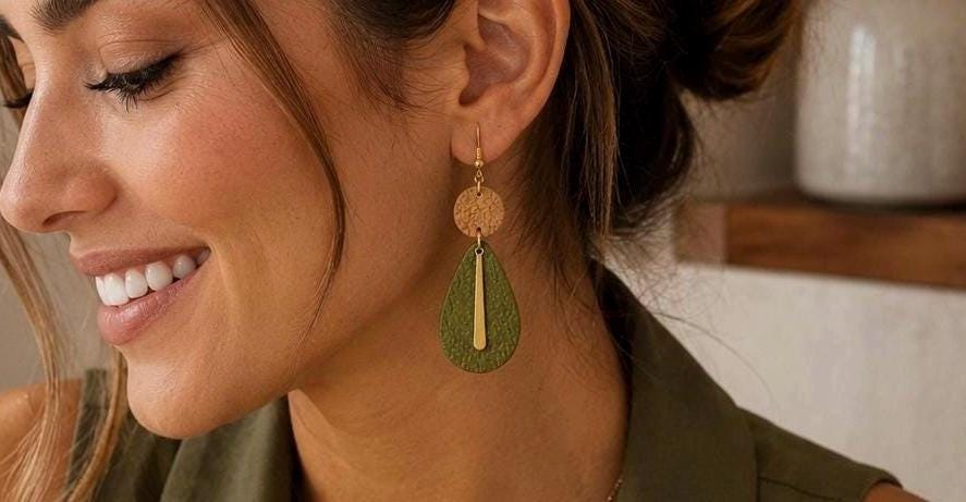 Olive Green Teardrop Clay Earrings, Gold Dangle Statement Jewelry