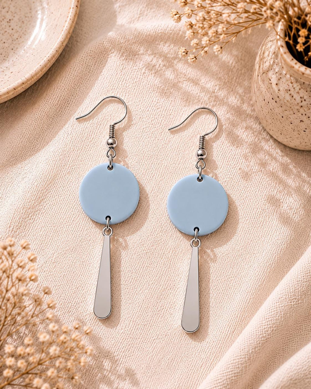 Sky Blue Polymer Clay Circle Drop Earrings, Modern Silver Accents