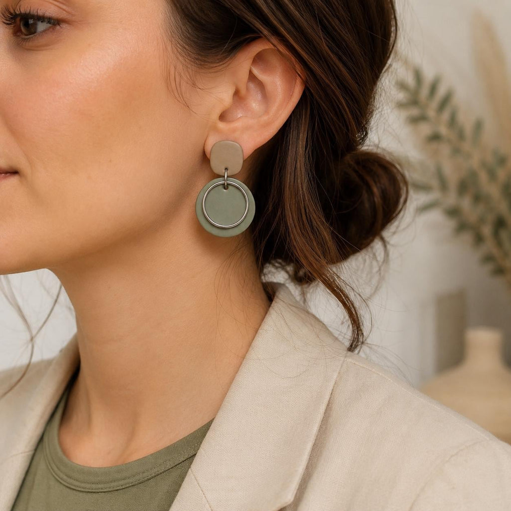 Sage Green & Beige Polymer Clay Earrings, Modern Geometric Dangle Earrings, Stainless Steel Earrings, Lightweight Handmade Jewelry, Minimal