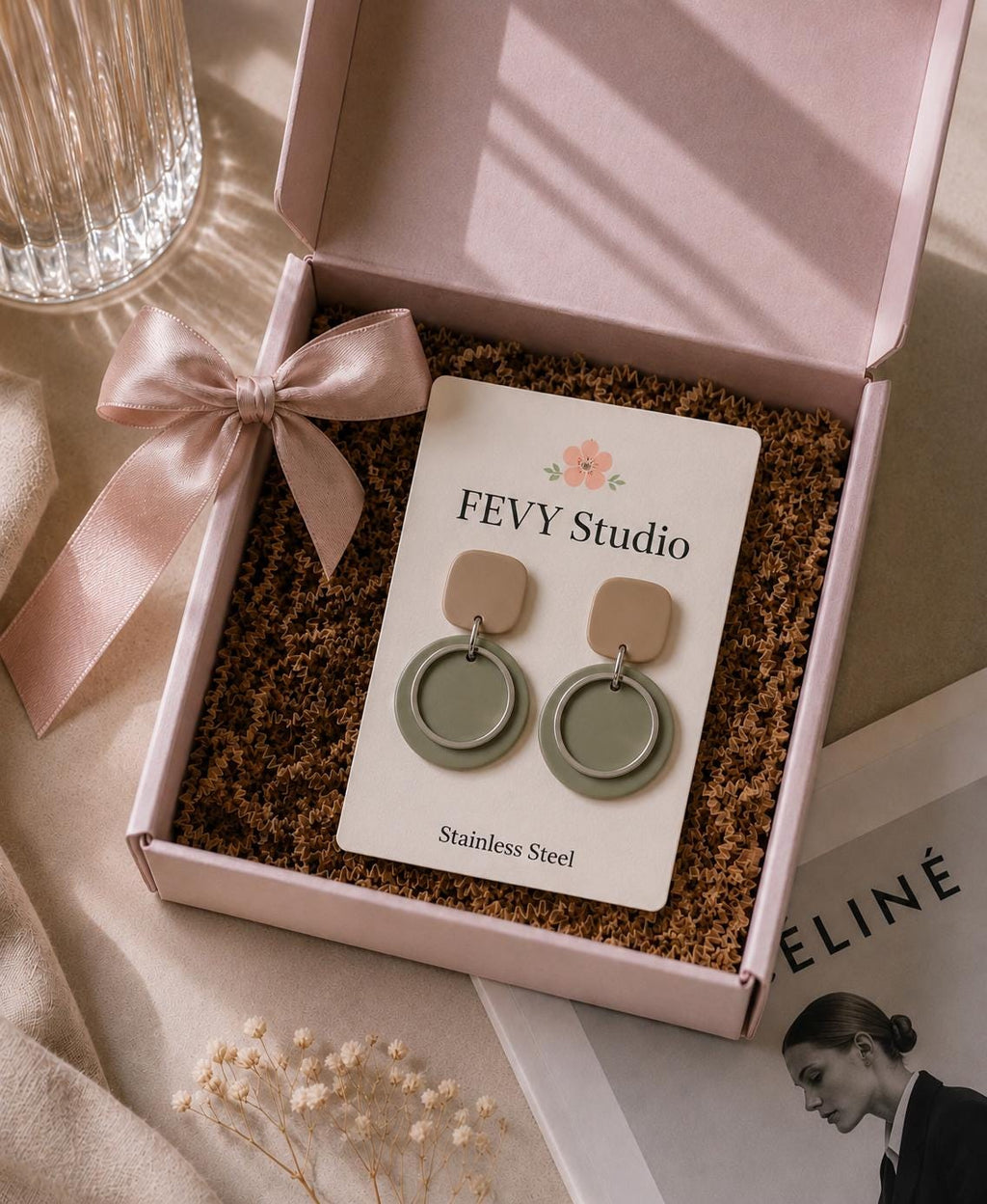 Sage Green & Beige Polymer Clay Earrings, Modern Geometric Dangle Earrings, Stainless Steel Earrings, Lightweight Handmade Jewelry, Minimal