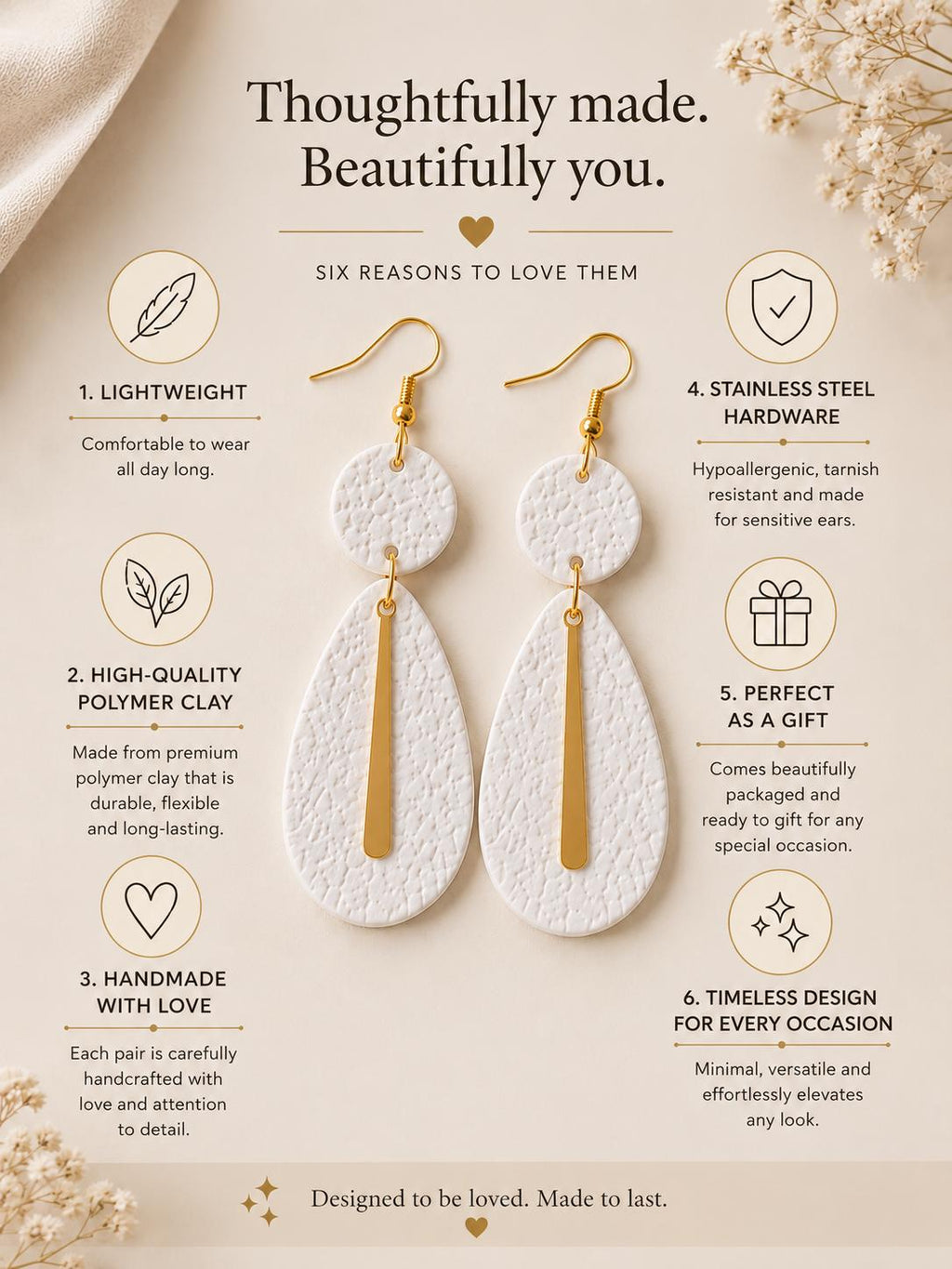 White Gold Textured Polymer Clay Dangle Earrings | Modern Minimalist Statement Jewelry