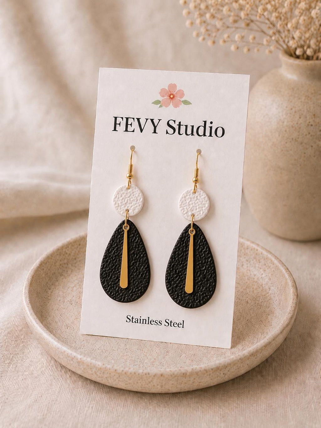 Black White Gold Polymer Clay Earrings | Modern Teardrop Dangle Statement Jewelry