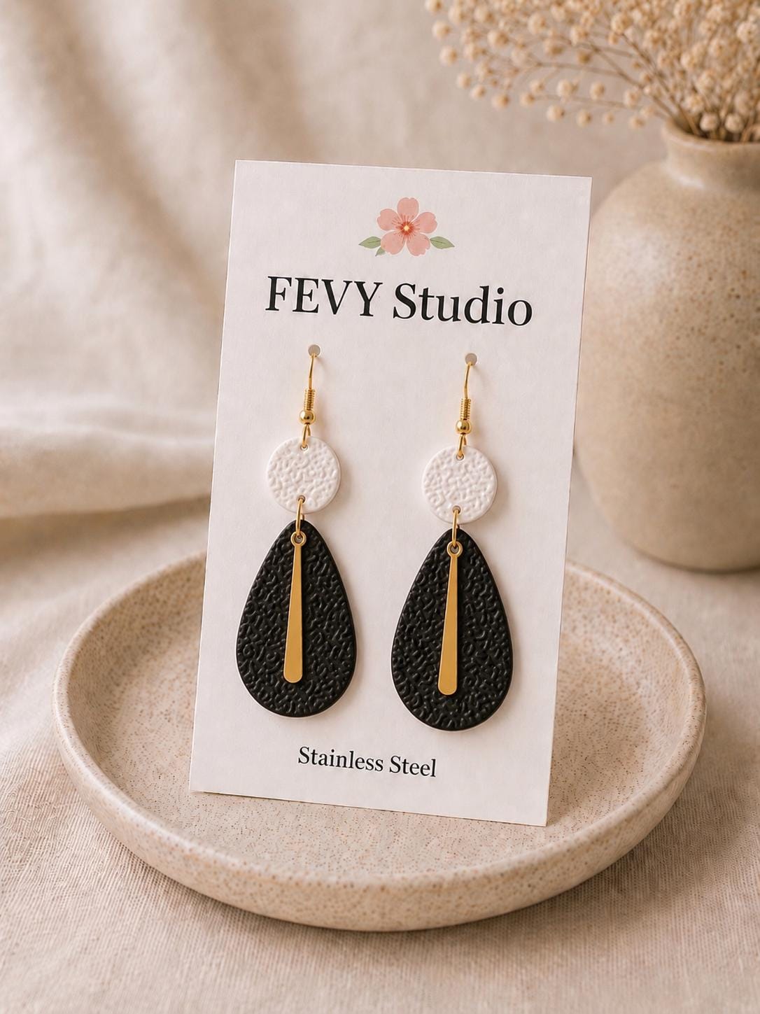 Black White Gold Polymer Clay Earrings | Modern Teardrop Dangle Statement Jewelry