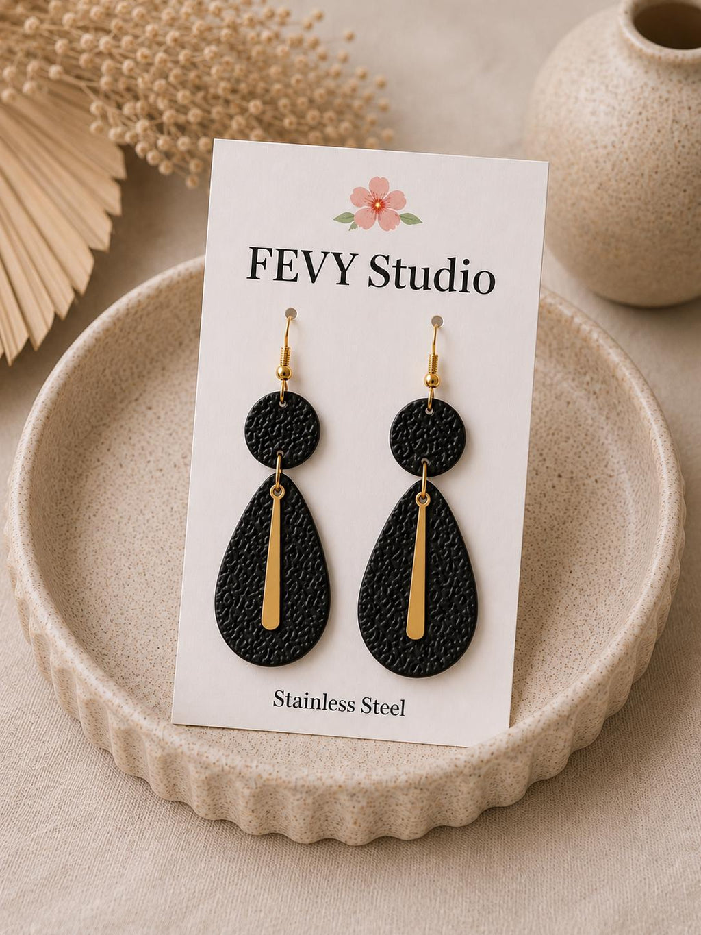 Black Geometric Polymer Clay Statement Earrings | Textured Dangle Jewelry