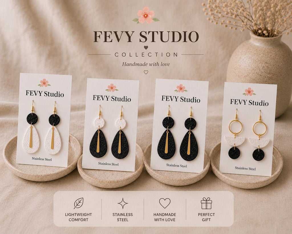 Statement Polymer Clay Earrings Collection  | Black White Modern Dangle Jewelry