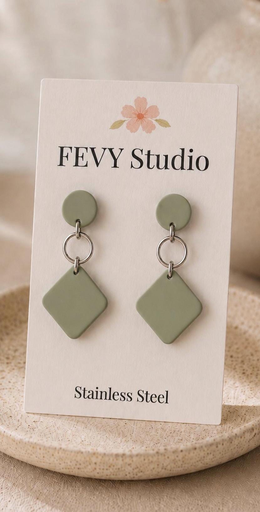 Sage Green Polymer Clay Earrings, Minimalist Dangle Earrings, Stainless Steel Earrings, Lightweight Handmade Earrings, Modern Geometric
