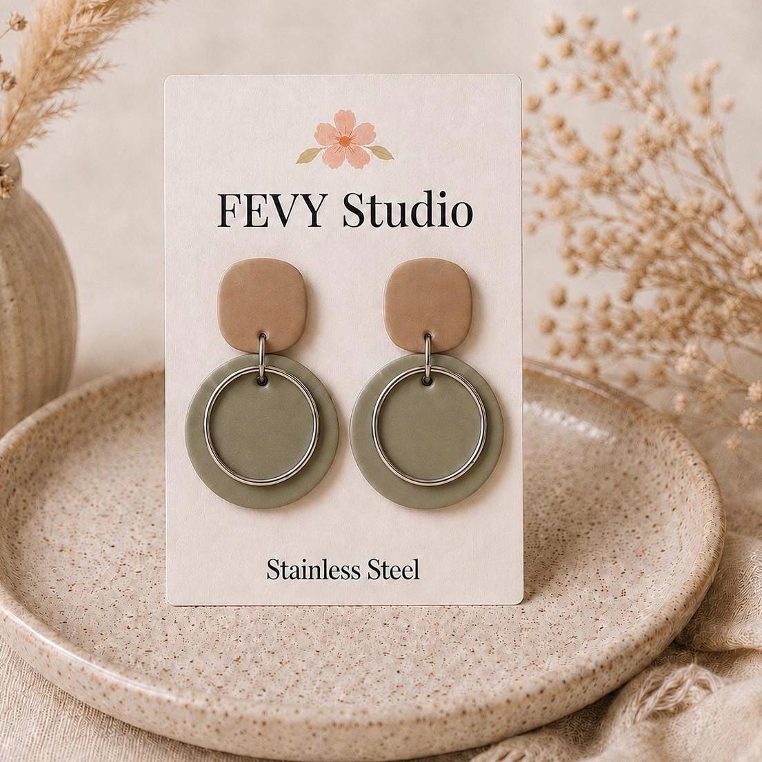Sage Green & Beige Polymer Clay Earrings, Modern Geometric Dangle Earrings, Stainless Steel Earrings, Lightweight Handmade Jewelry, Minimal