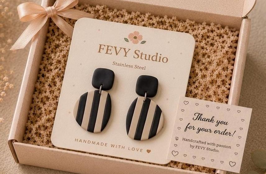 Black & Beige Stripe Dangle Earrings, Handmade Polymer Clay Earrings, Minimalist Statement Earrings, Boho Gift for Her, Stainless Steel