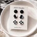 Black & White Stud Earring Set | 3 Pairs Polymer Clay Earrings | Checkerboard Earrings | Minimalist Studs | Lightweight Handmade Jewelry