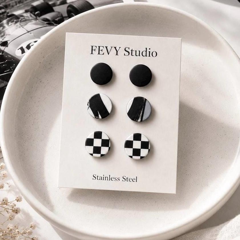 Black & White Stud Earring Set | 3 Pairs Polymer Clay Earrings | Checkerboard Earrings | Minimalist Studs | Lightweight Handmade Jewelry