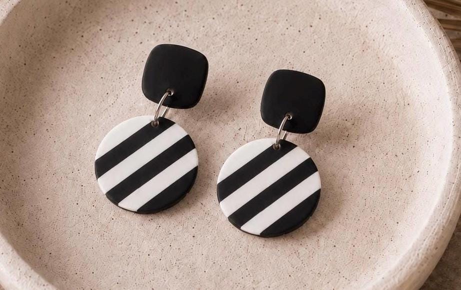 Black and White Striped Polymer Clay Earrings | Modern Geometric Dangle Earrings | Handmade Statement Earrings | Minimalist Jewelry Gift