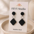 Black Geometric Polymer Clay Earrings, Lightweight Handmade Earrings, Stainless Steel Dangle Earrings, Minimalist Modern Jewelry Gift