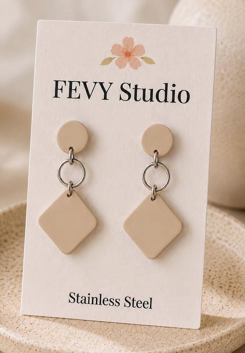 Neutral Beige Earrings, Boho Chic Dangles, Handmade Clay Earrings, Modern Minimalist Jewelry, Gift for Women