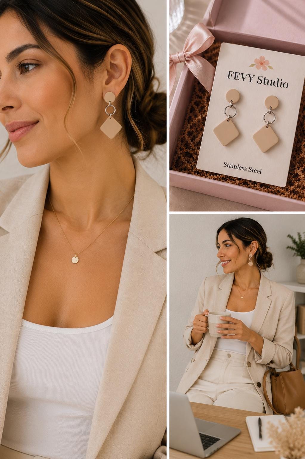 Neutral Beige Earrings, Boho Chic Dangles, Handmade Clay Earrings, Modern Minimalist Jewelry, Gift for Women