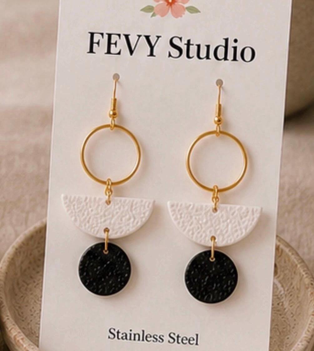 Black White Geometric Polymer Clay Earrings | Modern Minimalist Statement Dangles