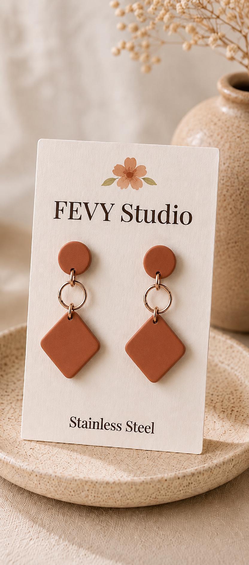 Terracotta Geometric Polymer Clay Earrings, Lightweight Statement Earrings, Stainless Steel Dangle Earrings, Modern Boho Jewelry, Handmade
