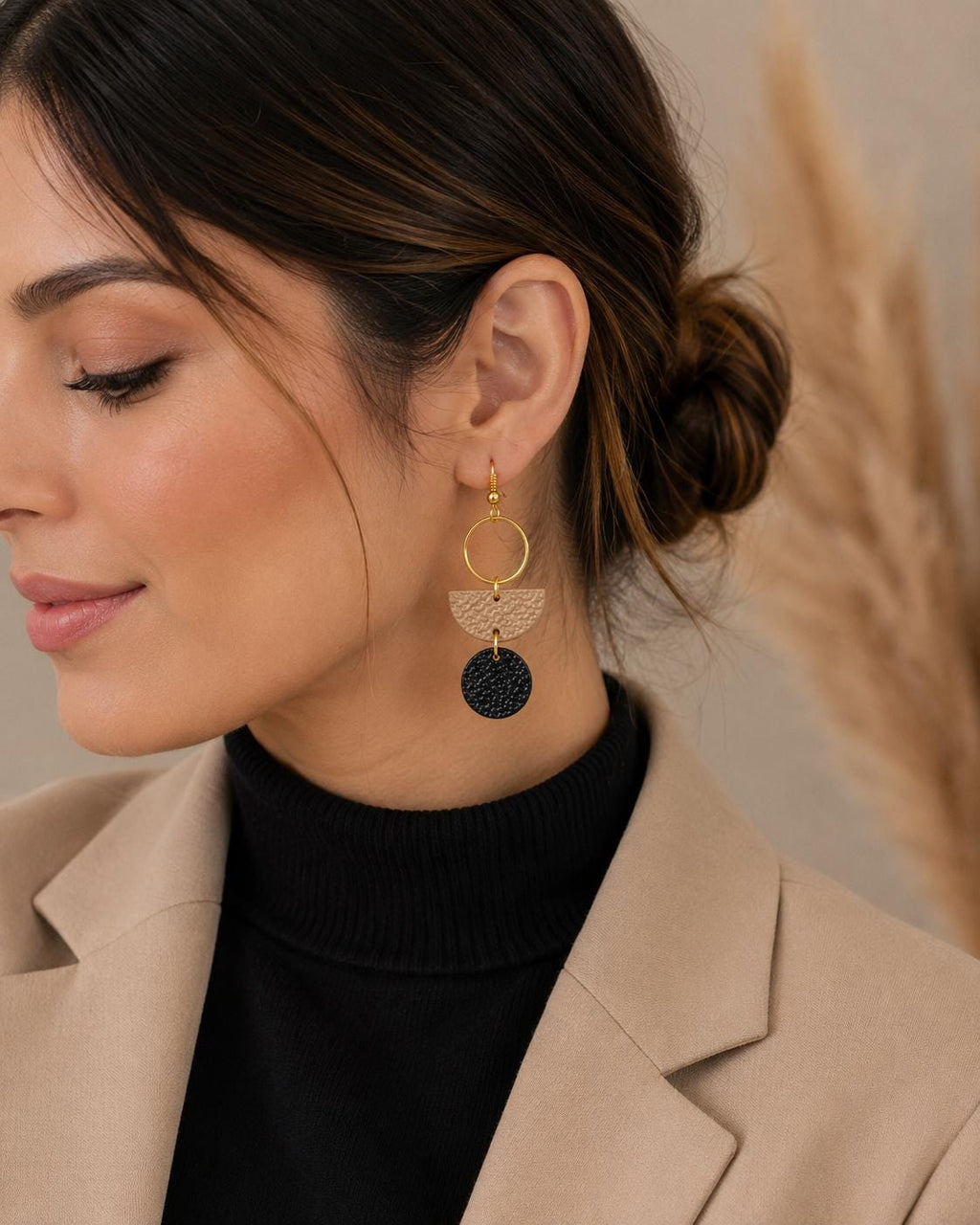 Black Beige Geometric Polymer Clay Earrings | Textured Dangle Statement Jewelry | Gold Stainless Steel Hooks