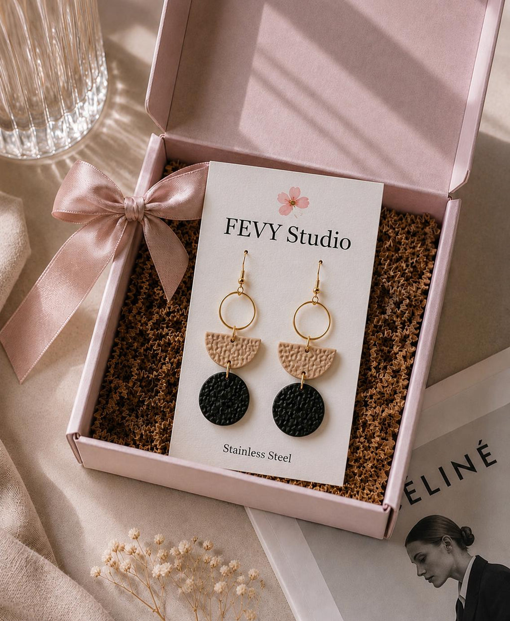 Black Beige Geometric Polymer Clay Earrings | Textured Dangle Statement Jewelry | Gold Stainless Steel Hooks