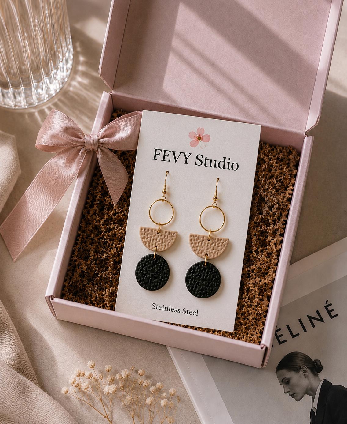 Black Beige Geometric Polymer Clay Earrings | Textured Dangle Statement Jewelry | Gold Stainless Steel Hooks