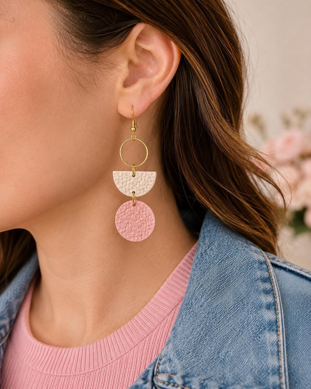 Blush Pink Geometric Dangle Earrings | Gold Statement Clay Jewelry