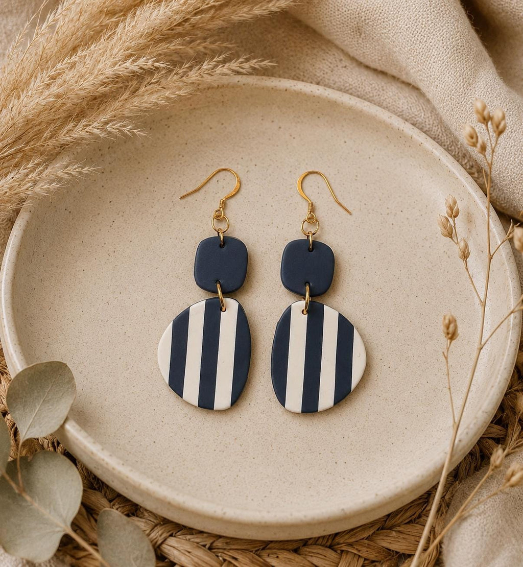 Navy White Striped Polymer Clay Earrings | 18K Gold Plated Dangle Earrings
