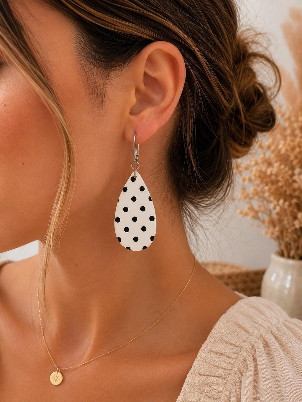 Handmade Black White Polka Dot Teardrop Earrings, Lightweight Polymer Clay Dangle Jewelry