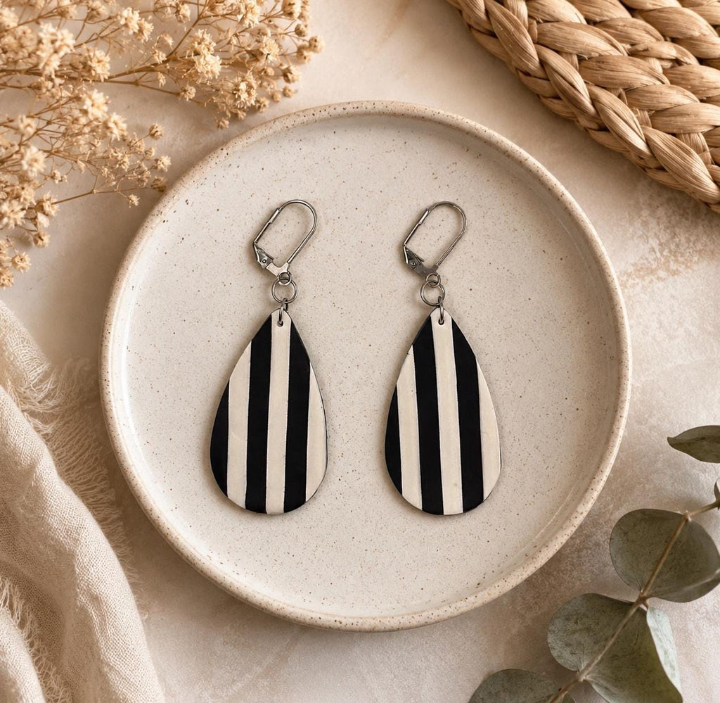 Black White Striped Teardrop Earrings | Handmade Polymer Clay Dangle Jewelry