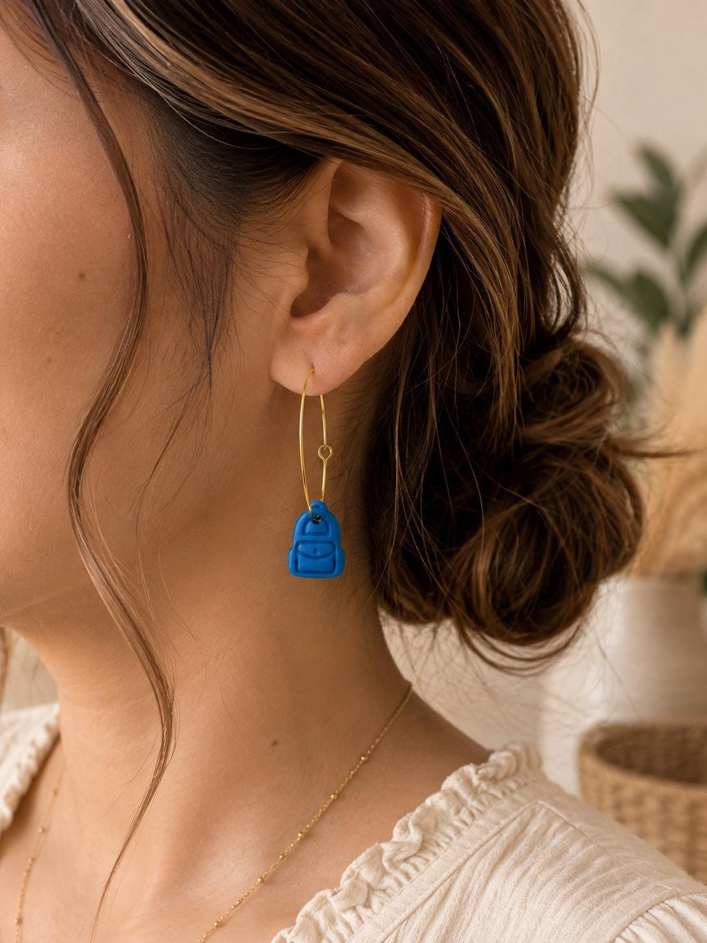 Mini Backpack Earrings | Polymer Clay School Jewelry, Gold Hoops