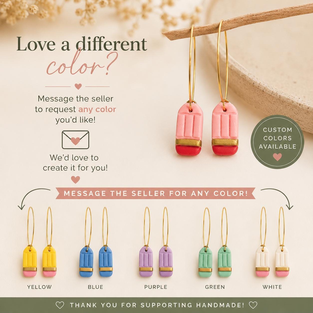 Handmade Pink Pencil Hoop Earrings | Polymer Clay Teacher Gift
