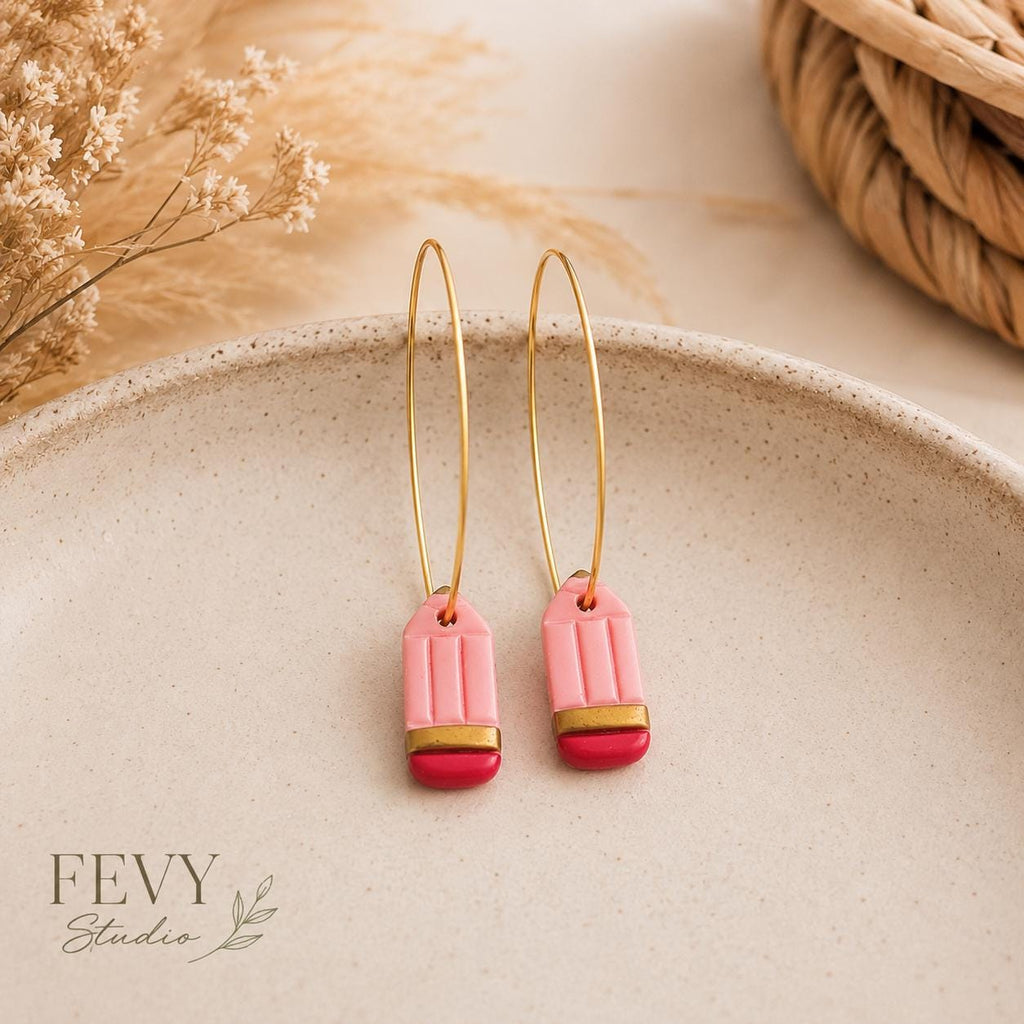 Handmade Pink Pencil Hoop Earrings | Polymer Clay Teacher Gift