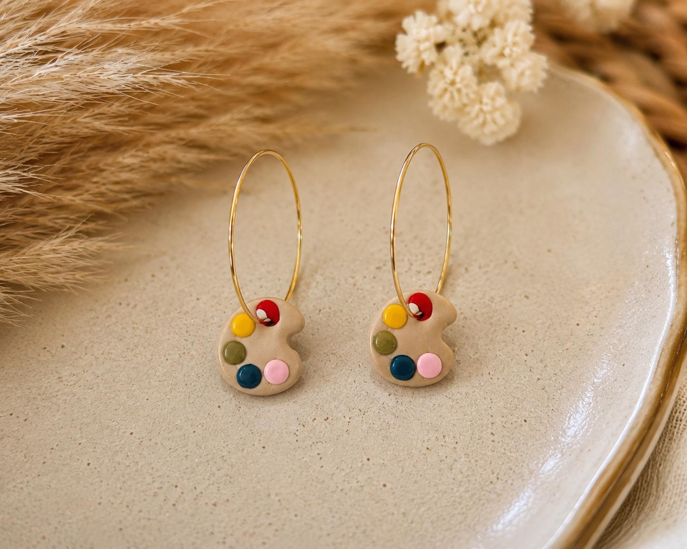 Paint Palette Hoop Earrings, Handmade Polymer Clay Artist Jewelry