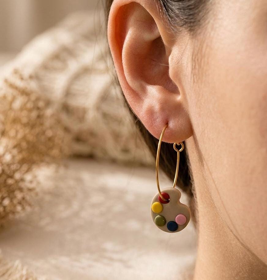 Paint Palette Hoop Earrings, Handmade Polymer Clay Artist Jewelry