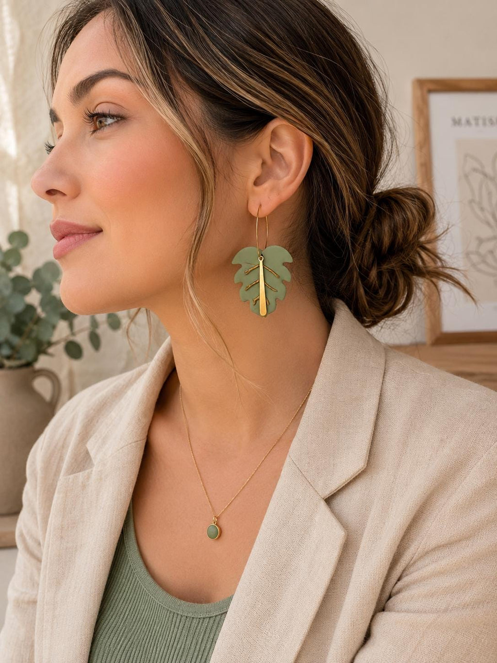 Handmade Sage Green Monstera Leaf Earrings, Gold Hoop Botanical Jewelry