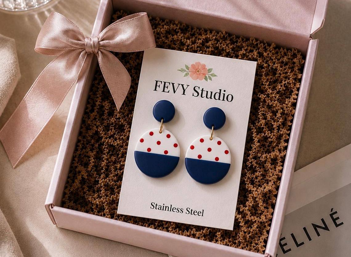 Coastal Navy Blue Earrings, Nautical Polymer Clay Dangles, Lightweight Summer Statement Earrings, Handmade Beach Jewelry