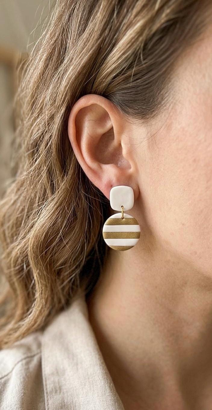Boho Polymer Clay Earrings, Handmade Striped Gold and White Dangle Earrings, Elegant Geometric Statement Earrings, Clay Jewelry Gift for Her