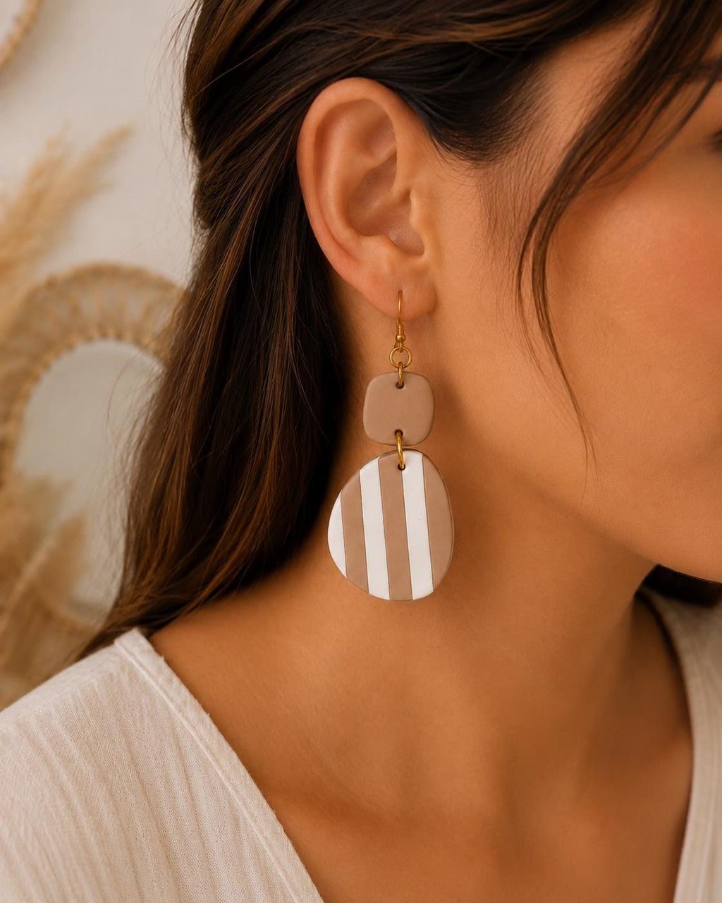 Neutral Striped Polymer Clay Earrings, 18K Gold Plated Stainless Steel, Lightweight Boho Statement