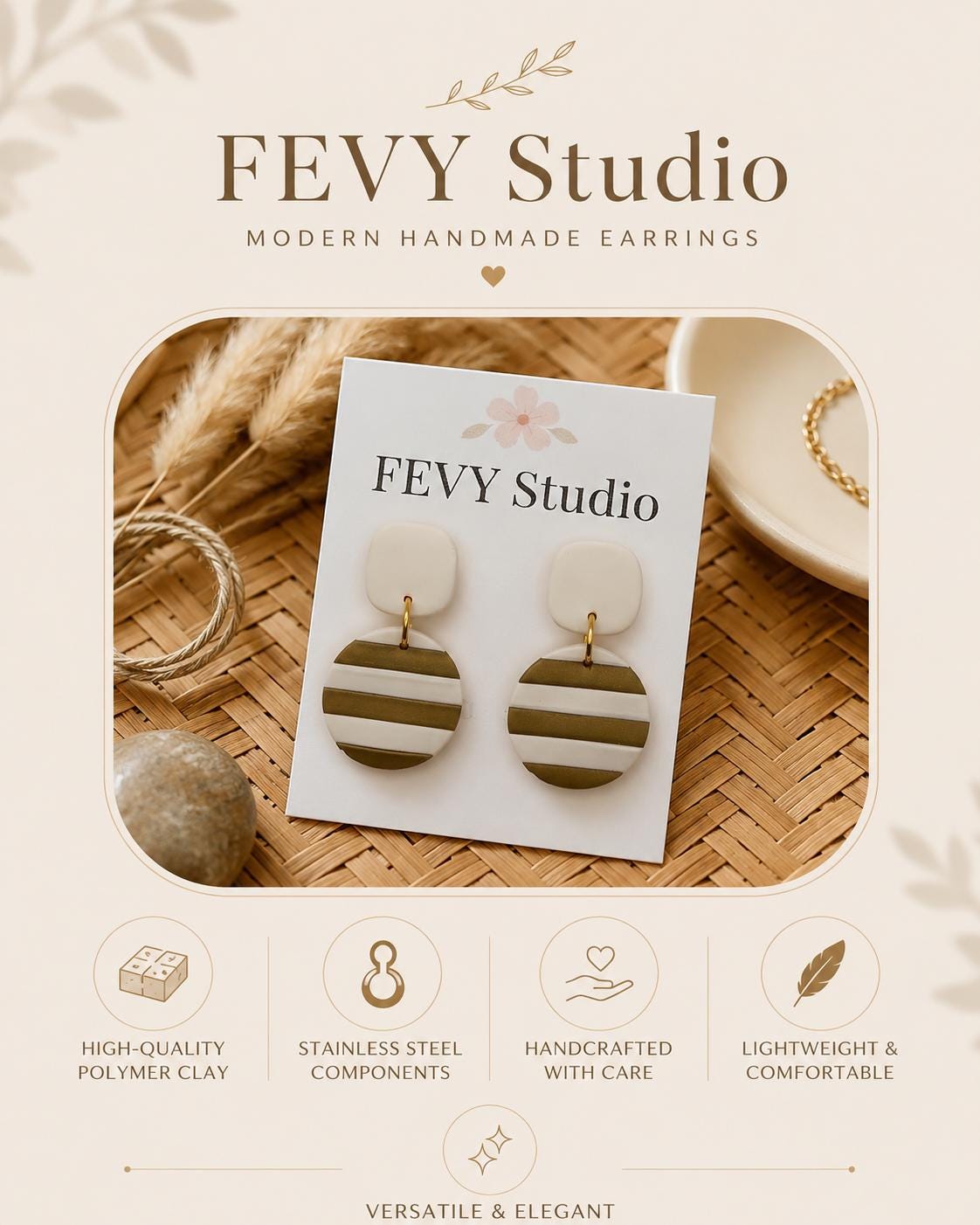 Boho Polymer Clay Earrings, Handmade Striped Gold and White Dangle Earrings, Elegant Geometric Statement Earrings, Clay Jewelry Gift for Her