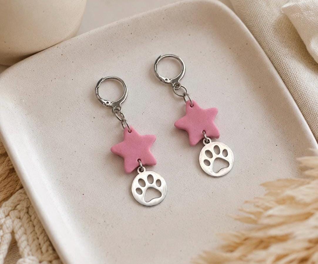 Handmade Polymer Clay Paw Print Star Earrings, Stainless Steel Pet Mom Jewelry