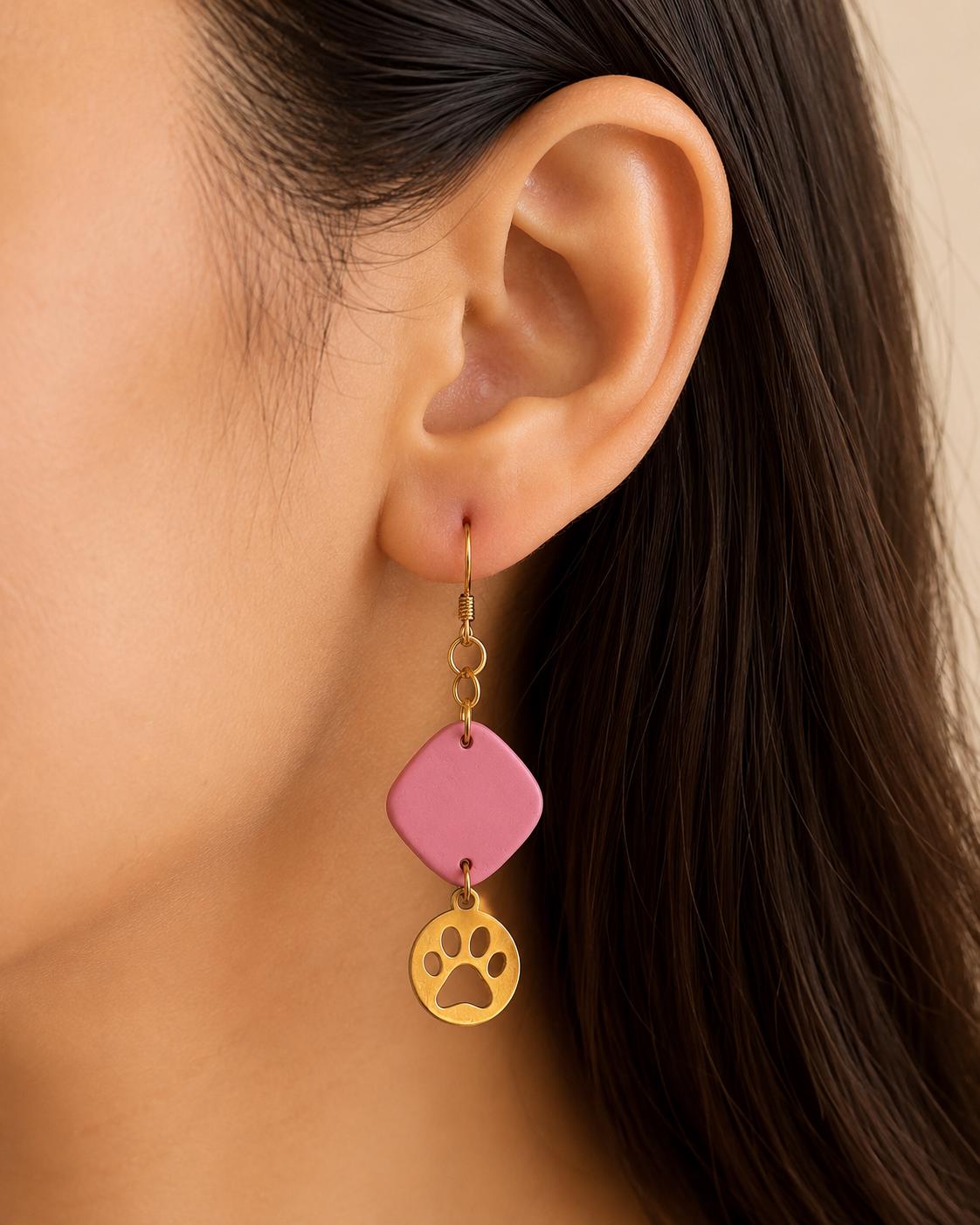 Handmade Pink Geometric Paw Print Earrings, Polymer Clay Dangle Jewelry