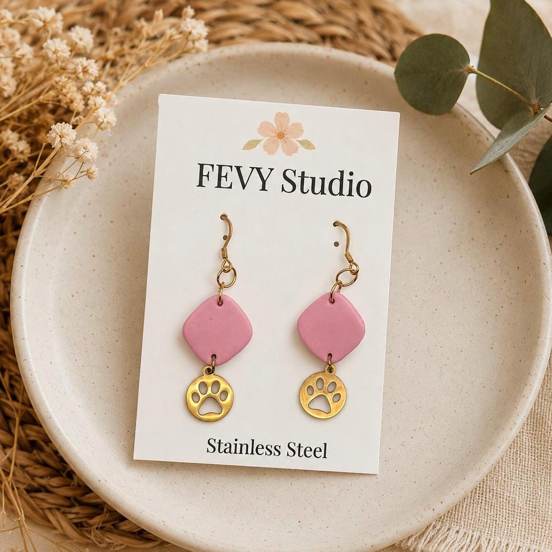Handmade Pink Geometric Paw Print Earrings, Polymer Clay Dangle Jewelry