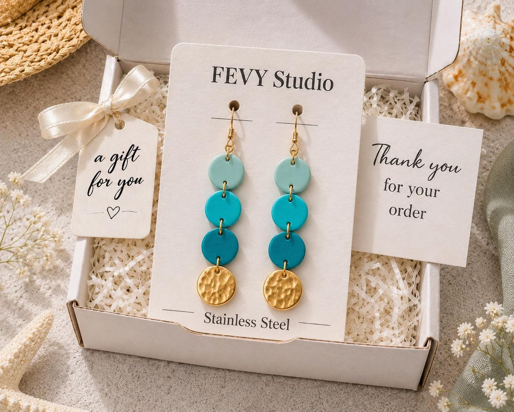 Summer Turquoise Dangle Earrings | Handmade Polymer Clay Earrings | Beach Earrings | Coastal Jewelry | Lightweight Statement Earrings