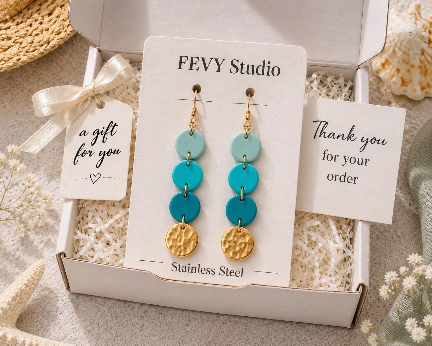 Summer Turquoise Dangle Earrings | Handmade Polymer Clay Earrings | Beach Earrings | Coastal Jewelry | Lightweight Statement Earrings