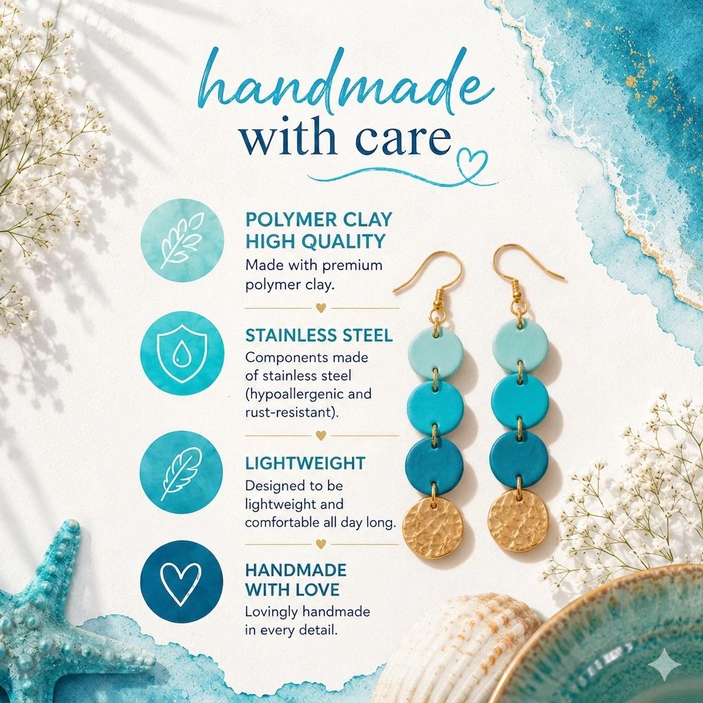 Summer Turquoise Dangle Earrings | Handmade Polymer Clay Earrings | Beach Earrings | Coastal Jewelry | Lightweight Statement Earrings