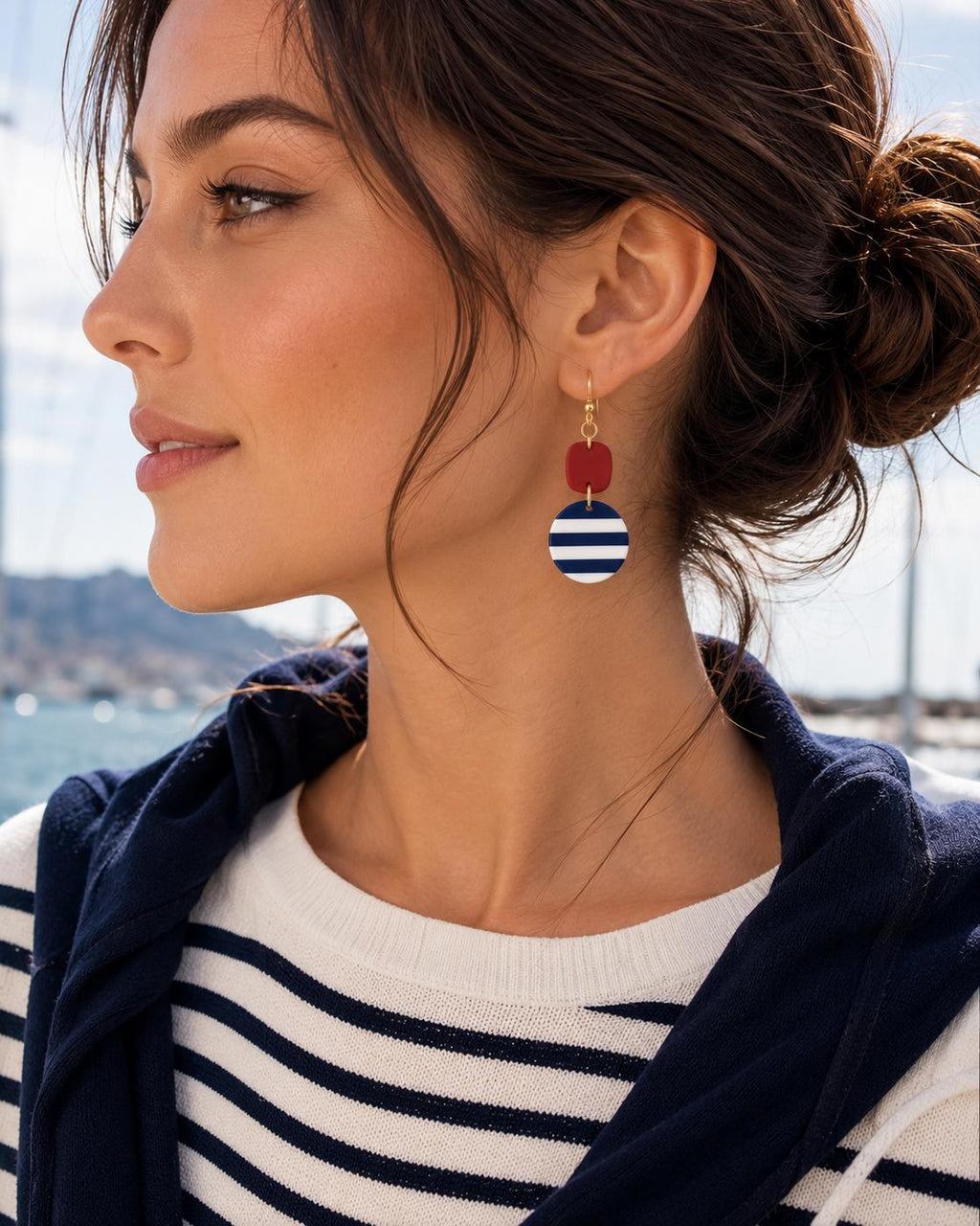 Nautical Striped Polymer Clay Dangle Earrings, Red White Blue Beach Jewelry