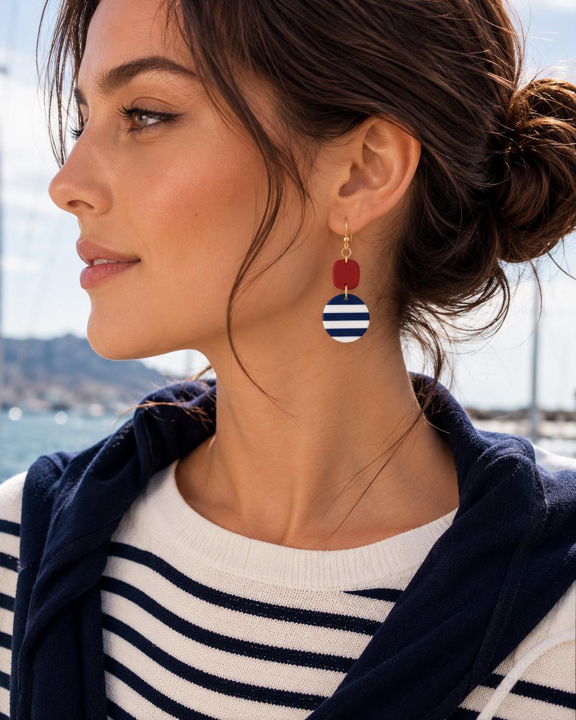 Nautical Striped Polymer Clay Dangle Earrings, Red White Blue Beach Jewelry
