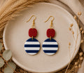 Nautical Striped Polymer Clay Dangle Earrings, Red White Blue Beach Jewelry