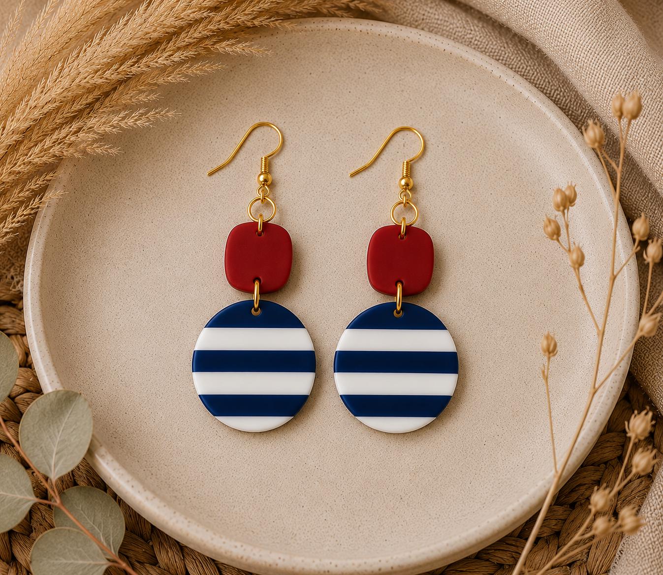 Nautical Striped Polymer Clay Dangle Earrings, Red White Blue Beach Jewelry