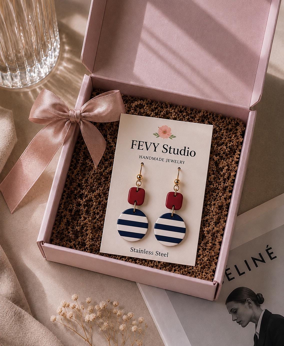 Nautical Striped Polymer Clay Dangle Earrings, Red White Blue Beach Jewelry
