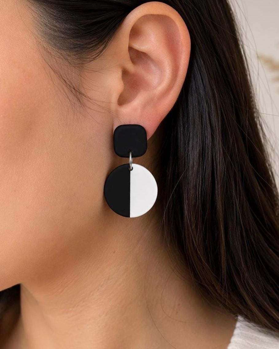 Handmade Black White Geometric Polymer Clay Earrings, Minimalist Statement Jewelry